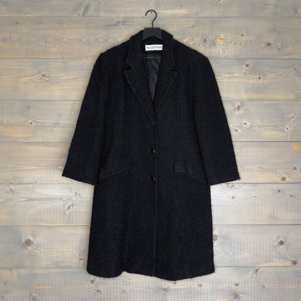 Vintage Mackintosh Black Wool Blend Bouclé Long Coat Fits Women's M-L